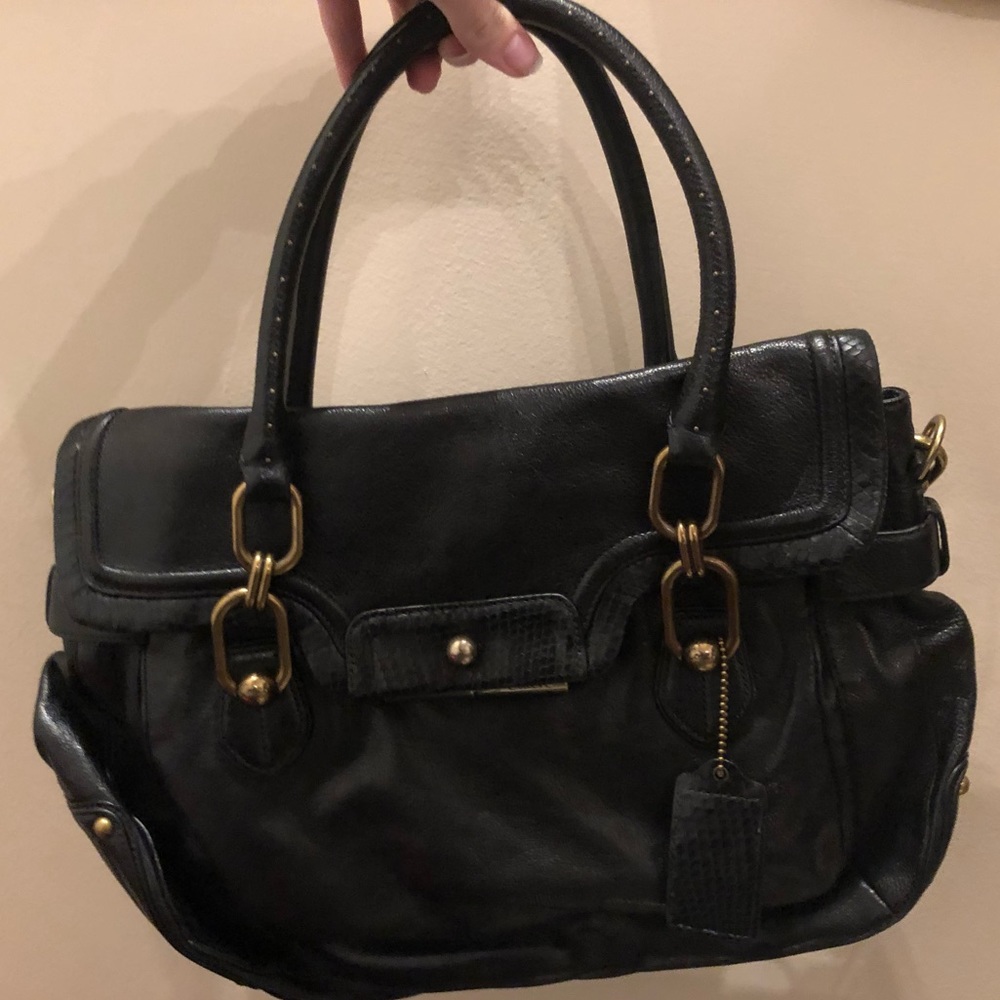 Coach Kristin Flap Satchel Black Goat Leather